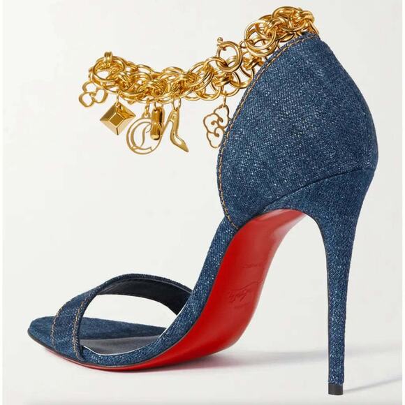 Christian Louboutin Gourmi Sandal 100 Denim Gold Charm Ankle Strap Heel Pump 38 - Picture 8 of 12